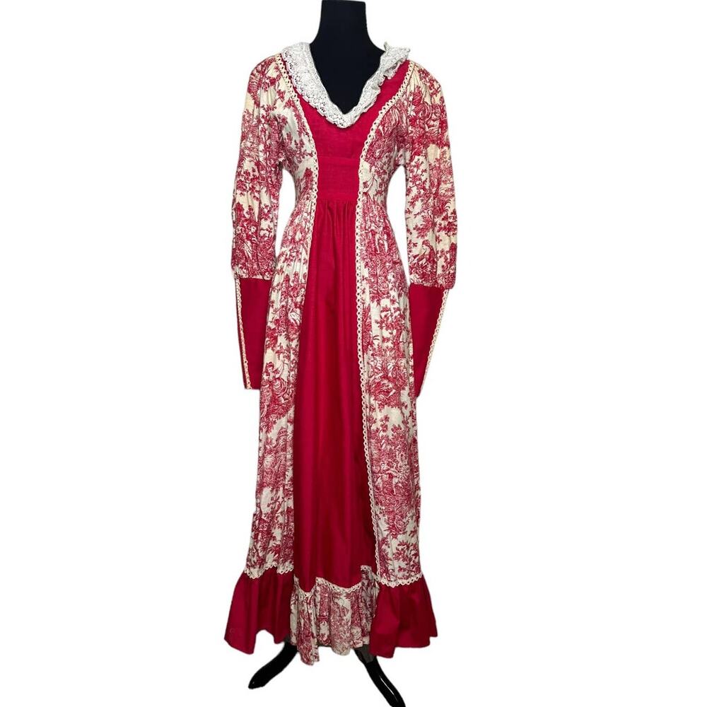 Gunne Sax Black Label Red Toile de Jouy Vintage Maiden Dress Sz 5 - 0